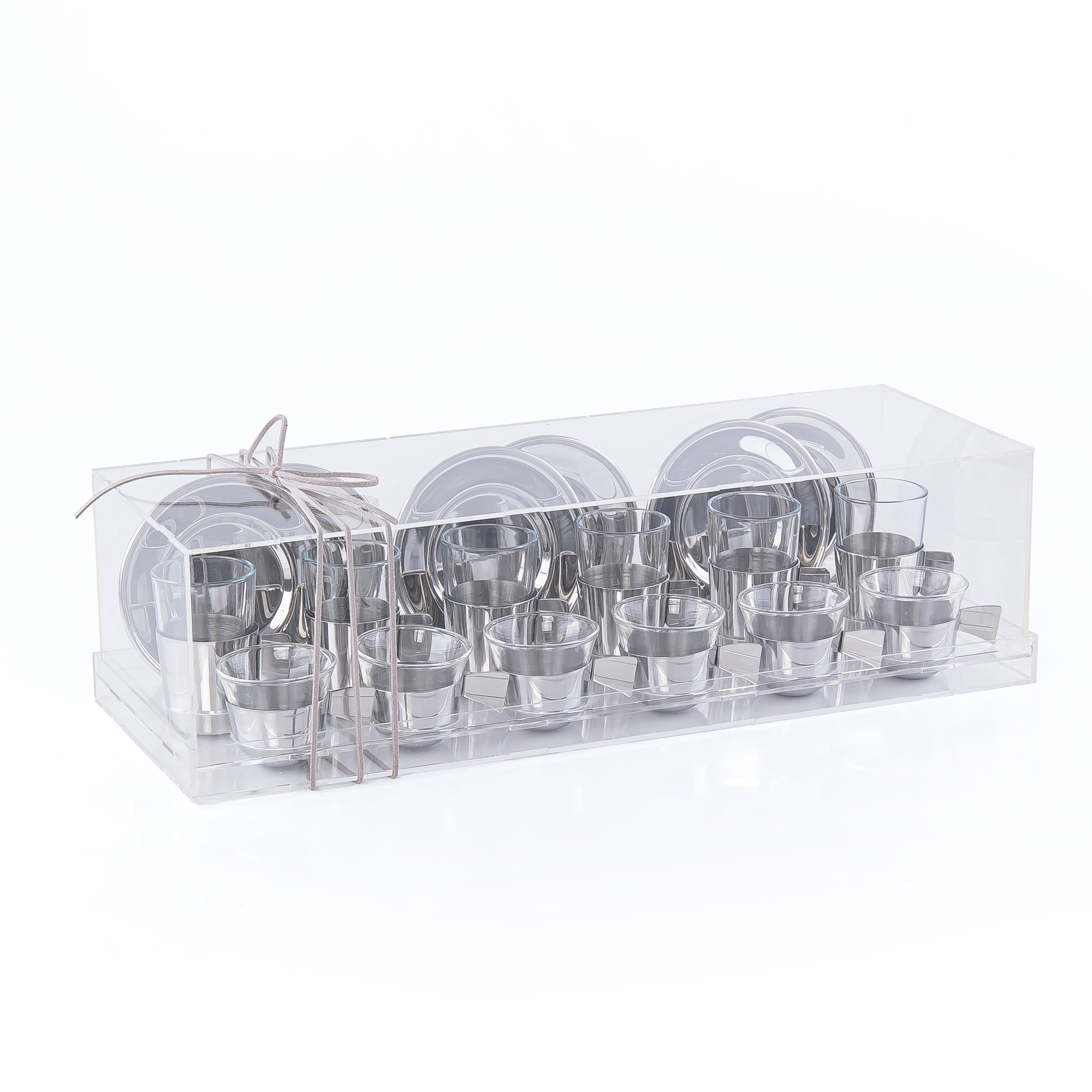 Set of 6 Coffee Cups & 6 Tea Cups and 6 Plates with Acrylic Box - Silver