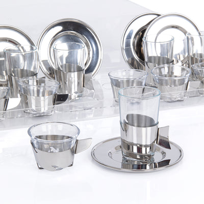 Set of 6 pcs of  Coffee Cups , 6 istikana With 6 Plates in Acrylic Box - Silver