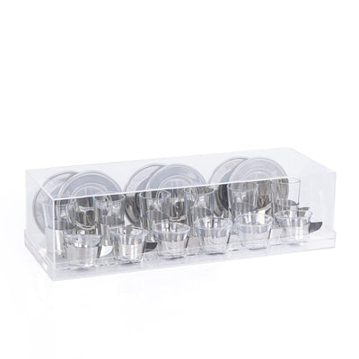 Set of 6 pcs of  Coffee Cups , 6 istikana With 6 Plates in Acrylic Box - Silver