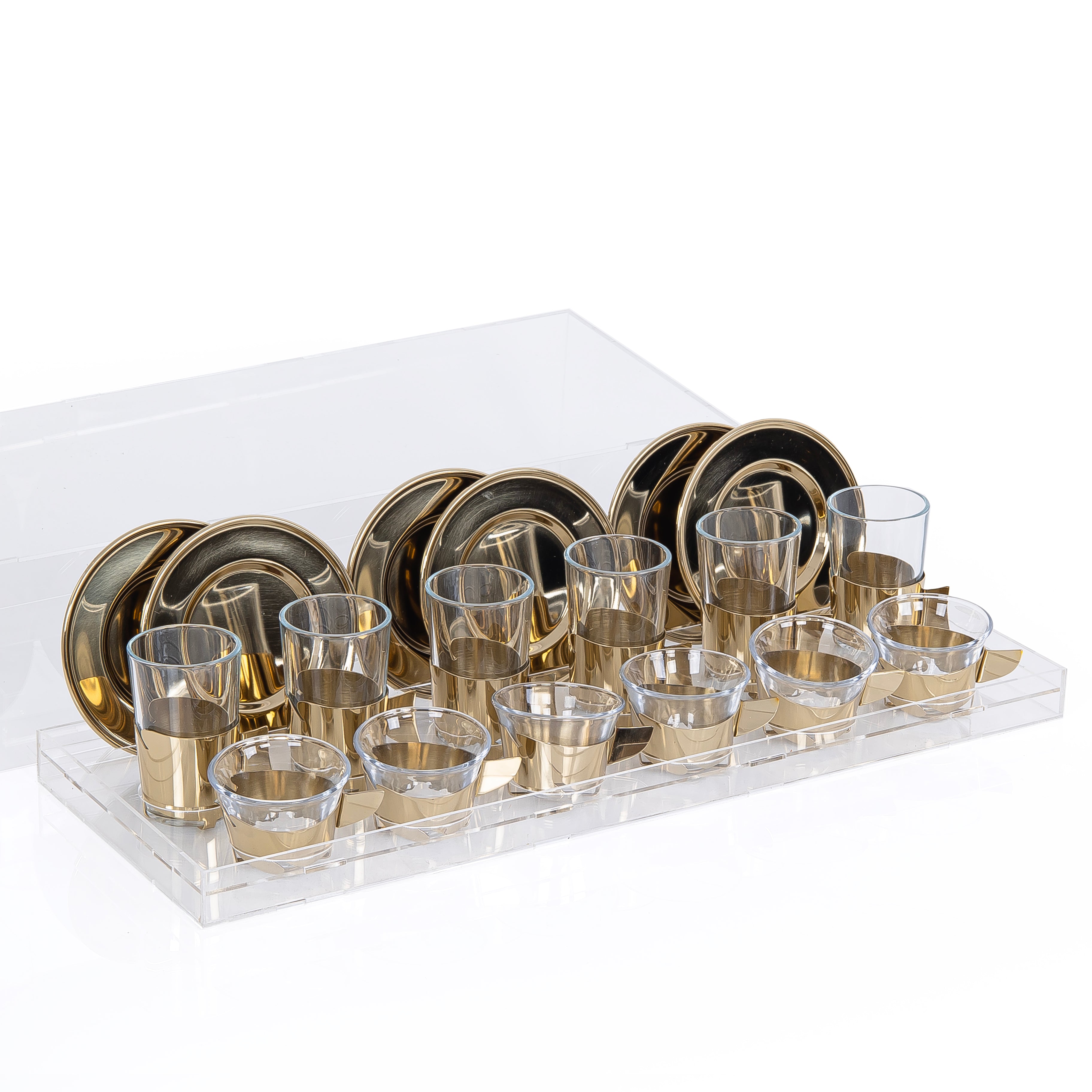 Set of 6 pcs of  Coffee Cups , 6 istikana With 6 Plates in Acrylic Box - Gold