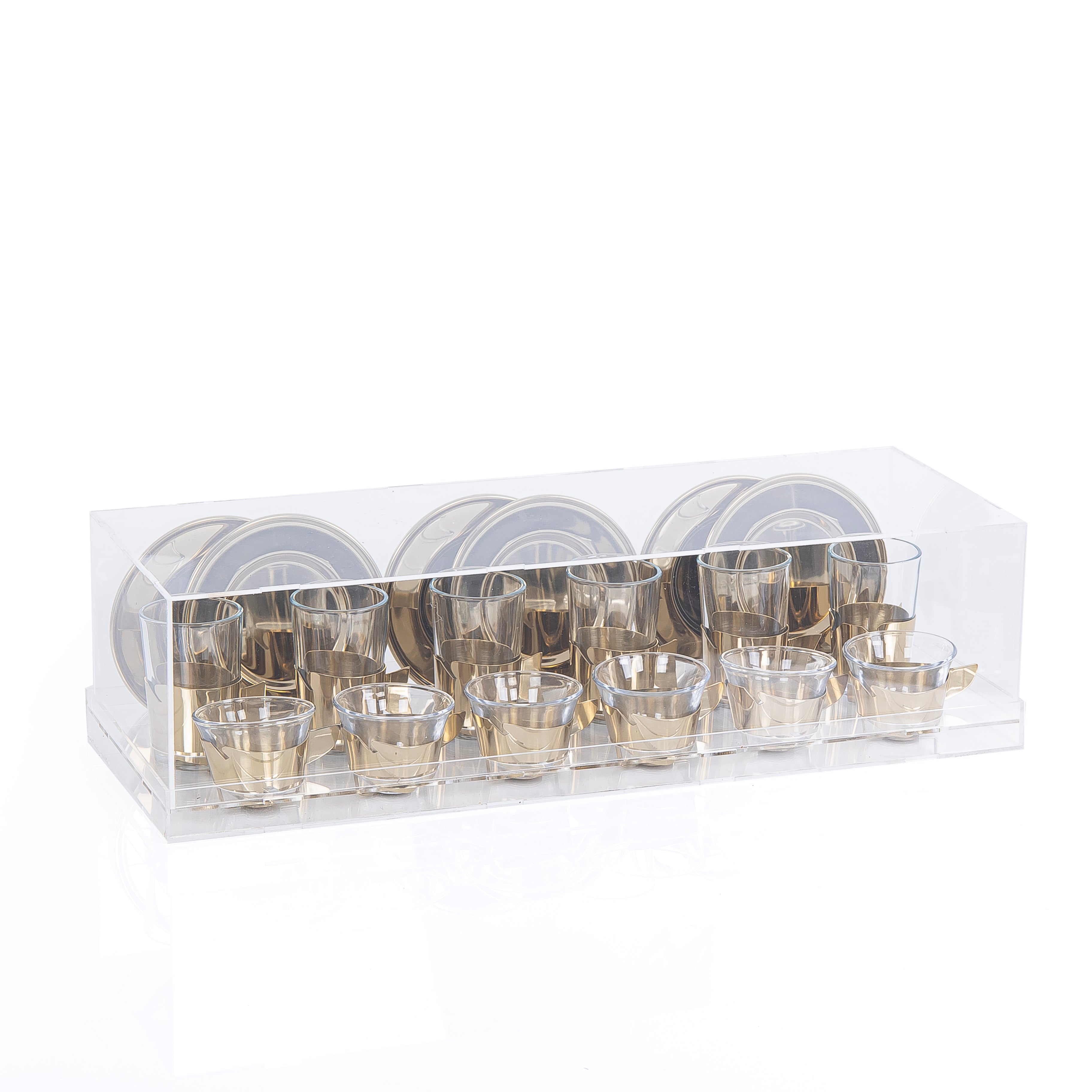 Set of 6 pcs of  Coffee Cups , 6 istikana With 6 Plates in Acrylic Box - Gold