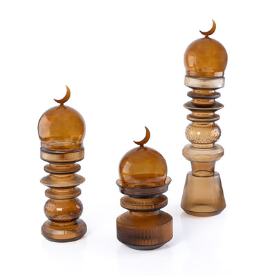 طقم زجاجي 3 قطع (2 قطعة ديكورعلى شكل مأذنة + وعاء للتمر) مع بوكس هدايا - بني