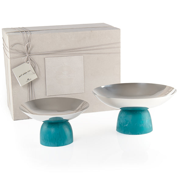 طقم 2 طبق تقديم دائري من الستانلس ستيل مع قاعدة من الريزن وبوكس هدية- ازرق 