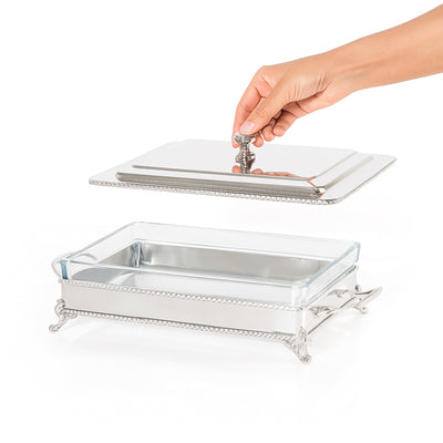 Rectangular Silver Stainless Steel Chafing Dish with Interior Glass Bowl - Small