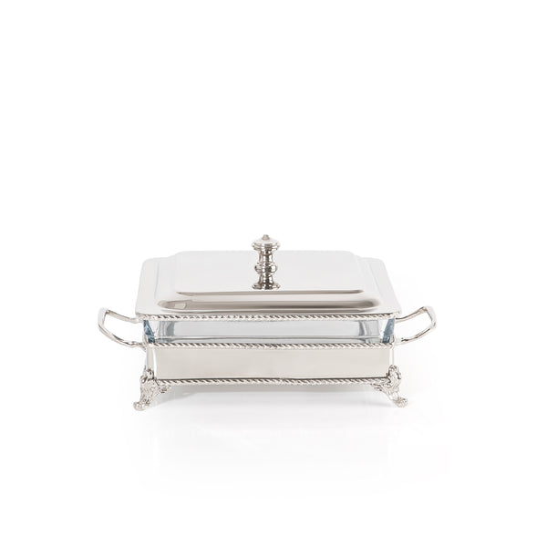 Square Silver Stainless Steel Chafing Dish with Interior Glass Bowl