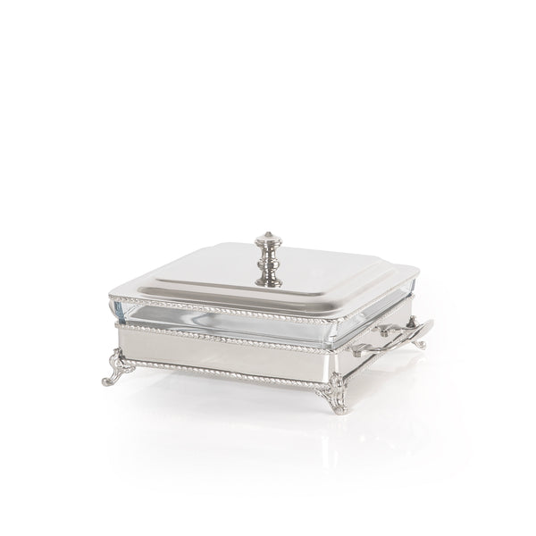 Square Silver Stainless Steel Chafing Dish with Interior Glass Bowl