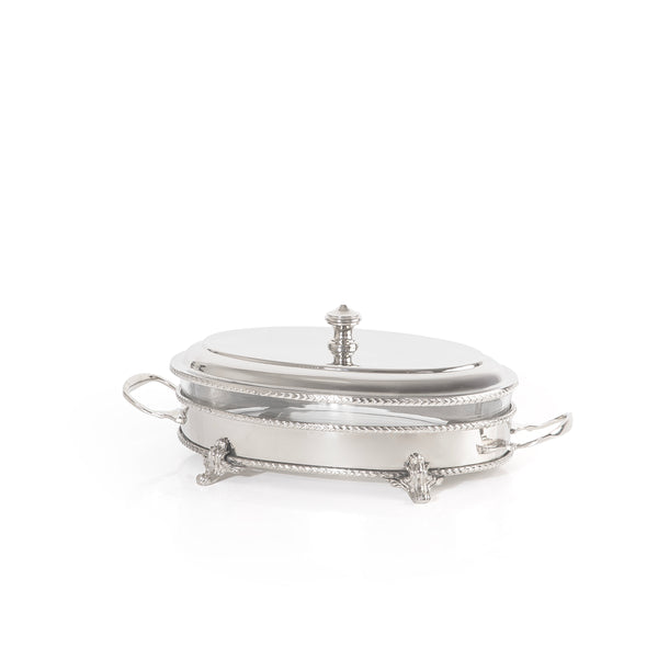 Oval Silver Stainless Steel Chafing Dish with Interior Glass Bowl - Small