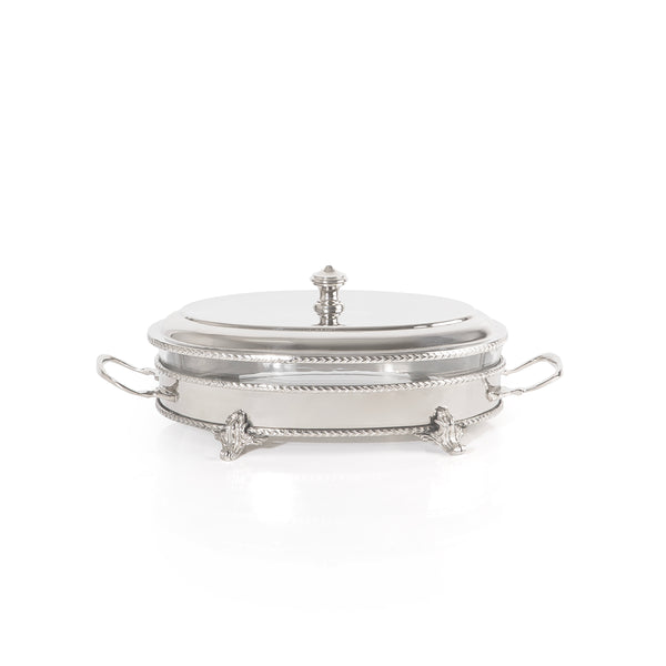 Oval Silver Stainless Steel Chafing Dish with Interior Glass Bowl - Small