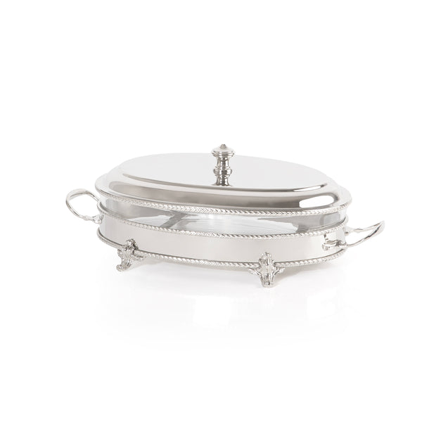 Oval Silver Stainless Steel Chafing Dish with Interior Glass Bowl - Large