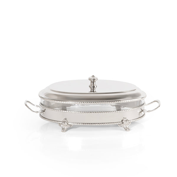 Oval Silver Stainless Steel Chafing Dish with Interior Glass Bowl - Large