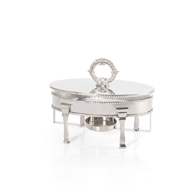 Oval Silver Stainless Steel Chafing Dish with Interior Glass Bowl and Handle - Small