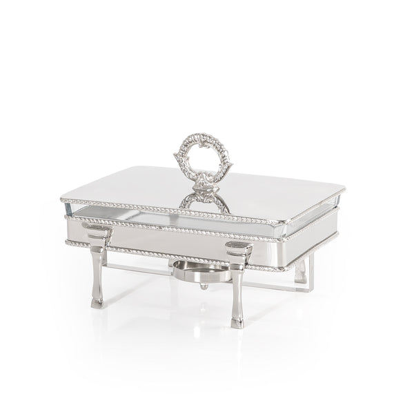 Rectangular Silver Stainless Steel Chafing Dish with Interior Glass Bowl and Handle - Small
