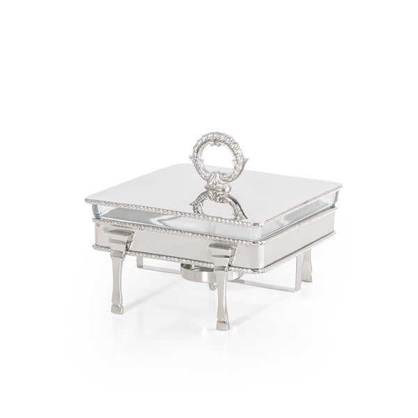 Square Silver Stainless Steel Chafing Dish with Interior Glass Bowl and Handle