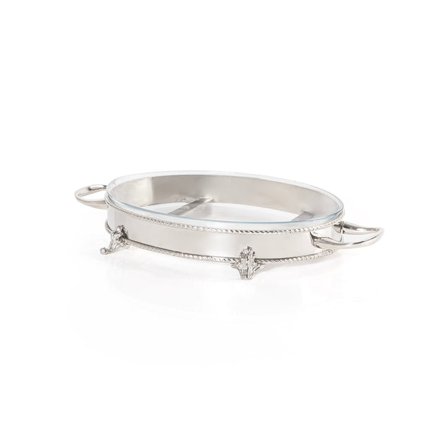 Oval Stainless Steel Serving Stand with Interior Glass Bowl - Small