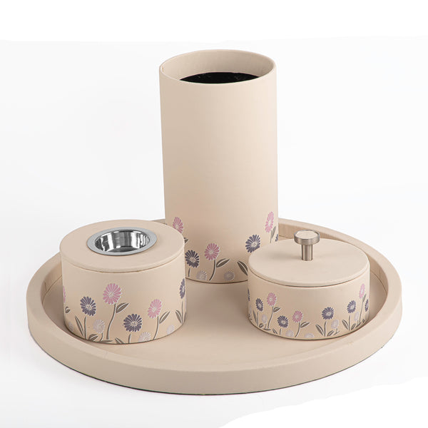 A printed set of consist with a wooden tray+bakhoor set+a round flower box, wrapped with beige colour leather. 35x35x2