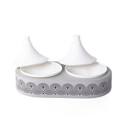 Leather Oval stand with 2 Pyramid-Shaped Ceramic Bowls