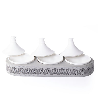 Leather Oval stand with 3 Pyramid-Shaped Ceramic Bowls