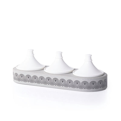 Leather Oval stand with 3 Pyramid-Shaped Ceramic Bowls