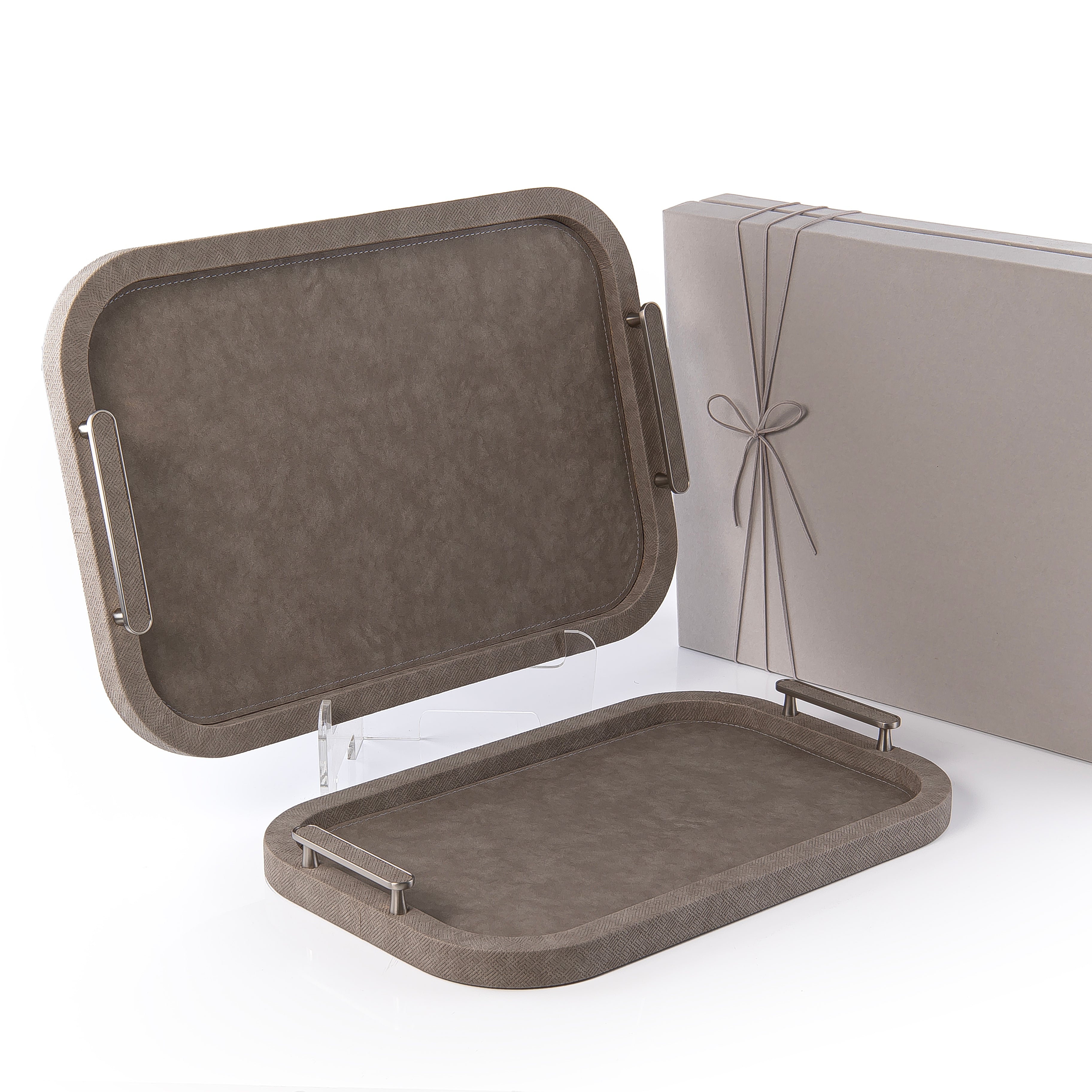 Set of 2 Rectangular Wooden Trays Leather Wrap with Gift Box - Grey