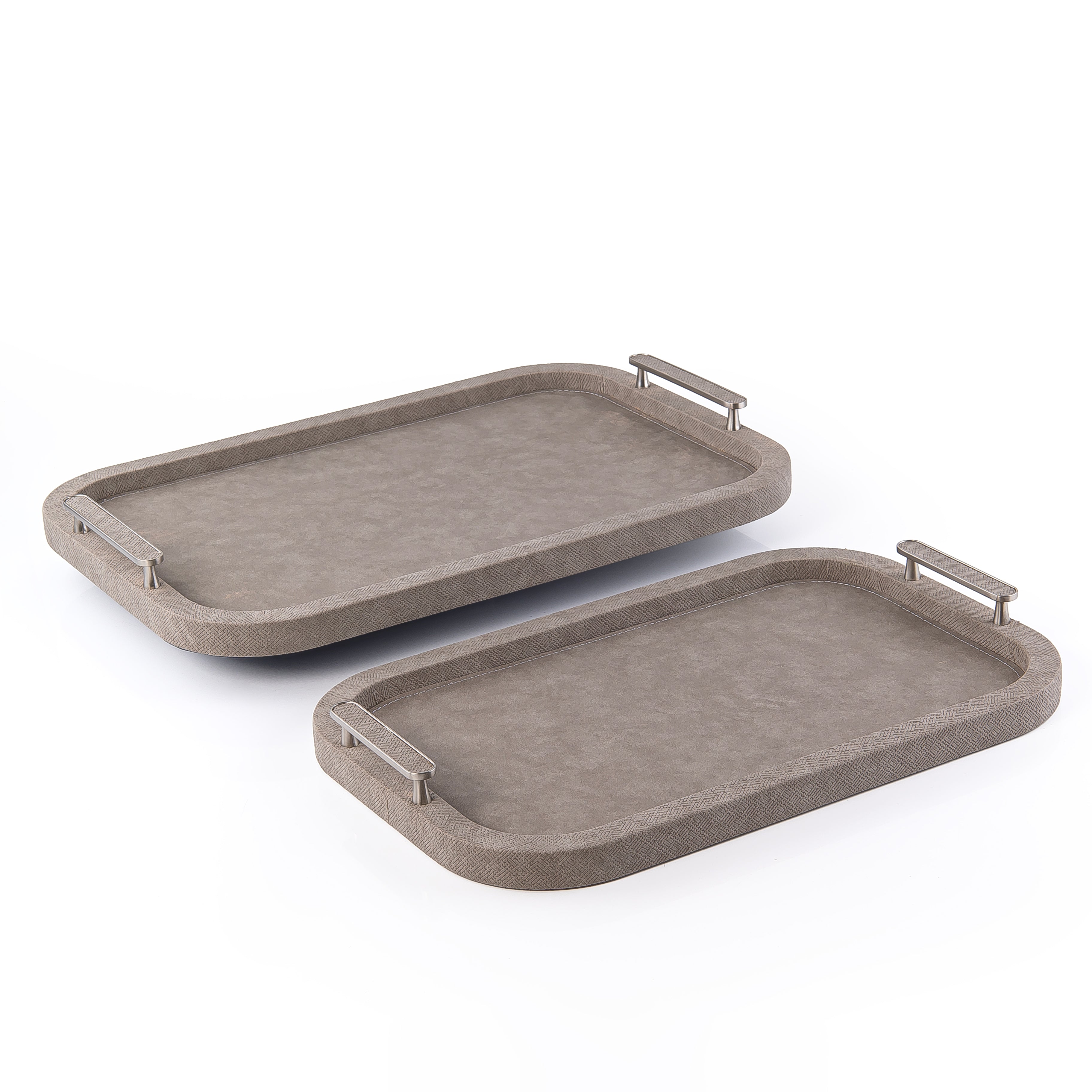 Set of 2 Rectangular Wooden Trays Leather Wrap with Gift Box - Grey