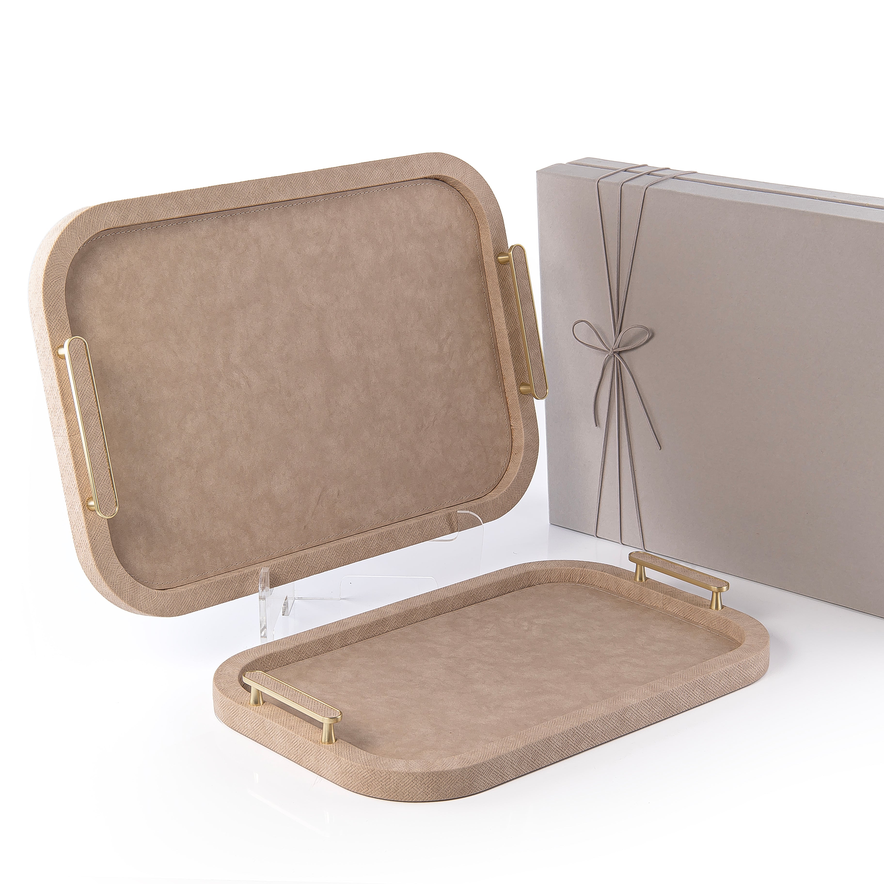 Set of 2 Rectangular Wooden Trays Leather Wrap with Gift Box - Beige