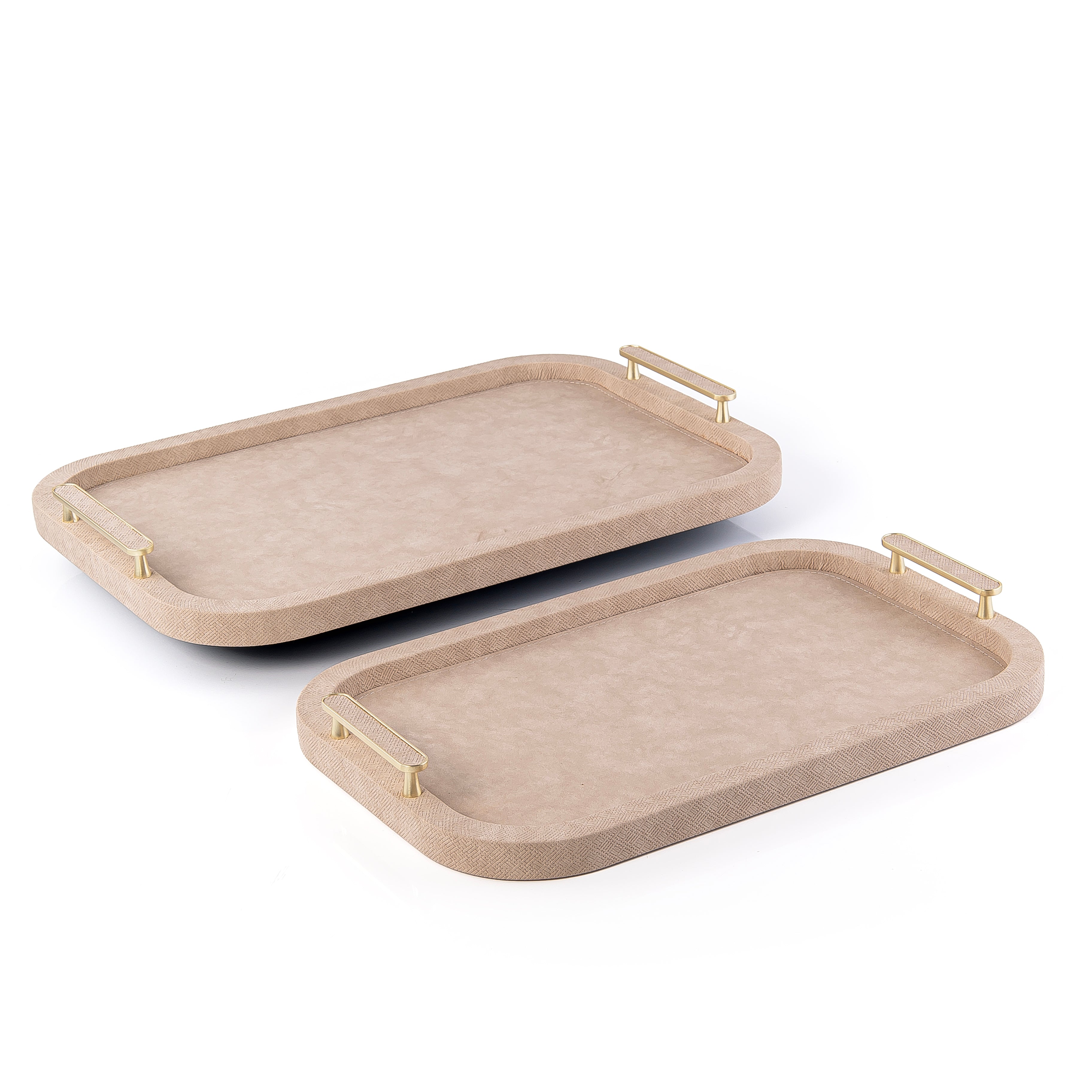 Set of 2 Rectangular Wooden Trays Leather Wrap with Gift Box - Beige