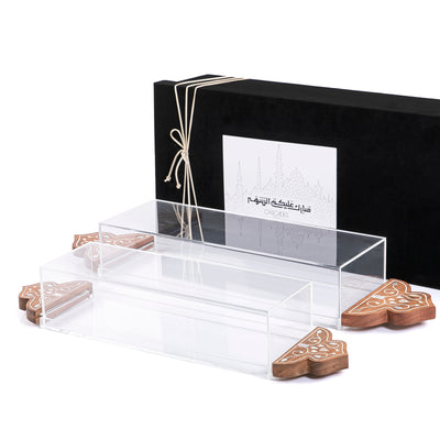 Set of 2 acrylic trays with wooden handle and gift box