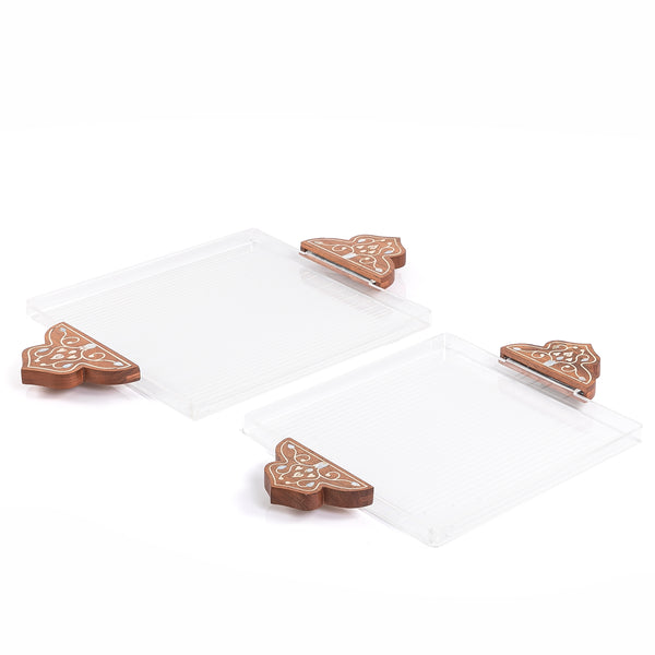 Set of 2 acrylic tray with wooden handle