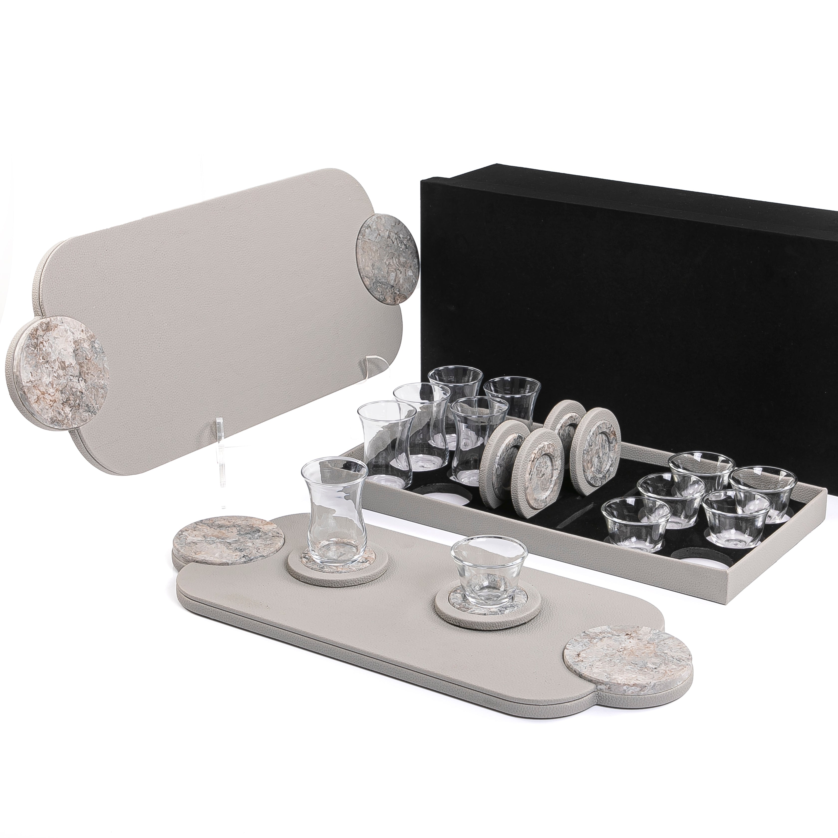 Set of 2 leather trays with cups and coaster with gift box