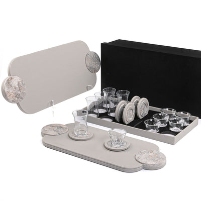 Set of 2 leather trays with cups and coaster with gift box
