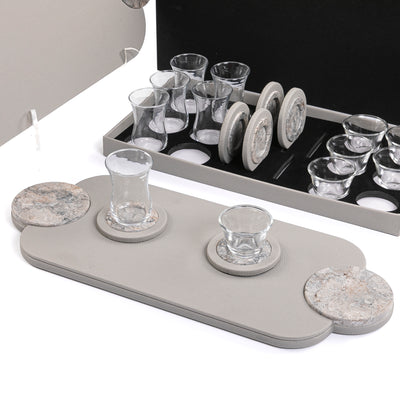 Set of 2 leather trays with cups and coaster with gift box