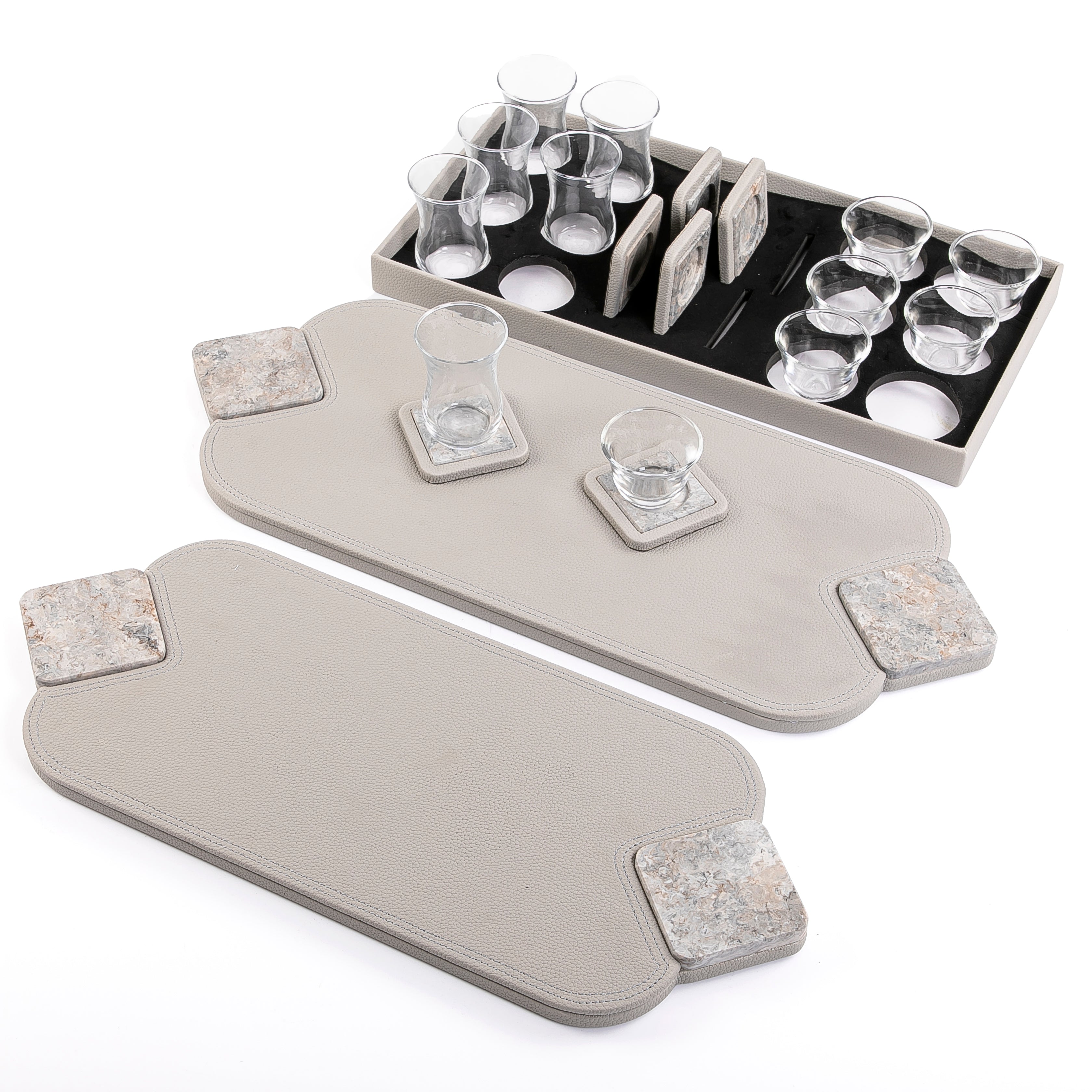 Set of 2 leather trays with cups and coaster with gift box
