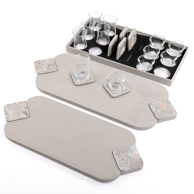 Set of 2 leather trays with cups and coaster with gift box