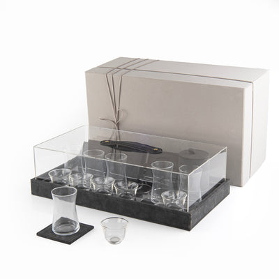 Set of 6 Cups and Coasters with Leather & Acrylic with Gift Box - Black