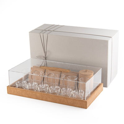 Set of 6 Cups and Coasters with Leather & Acrylic with Gift Box - Light brown
