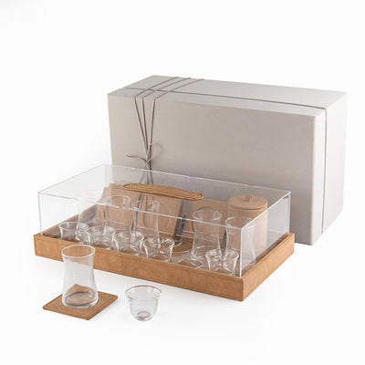 Set of 6 Cups and Coasters with Leather & Acrylic with Gift Box - Light brown