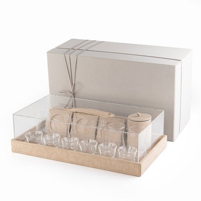 Set of 6 Cups and Coasters with Leather & Acrylic with Gift Box - Beige