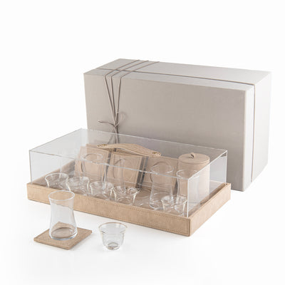 Set of 6 Cups and Coasters with Leather & Acrylic with Gift Box - Beige