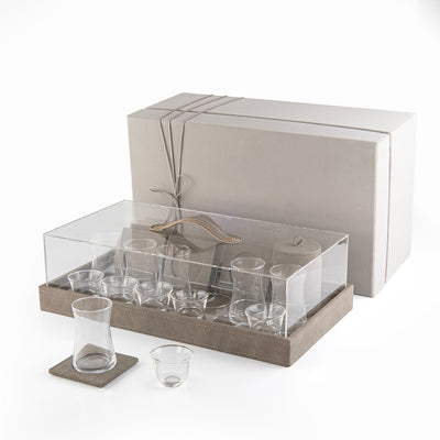 Set of 6 Cups and Coasters with Leather & Acrylic with Gift Box - Ice grey