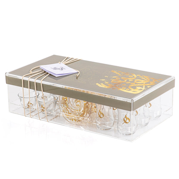 Transparent acrylic box with light grey & gold color uv printed cover with 6 small glass / 6 big glass & 6 coaster. 42x22x12