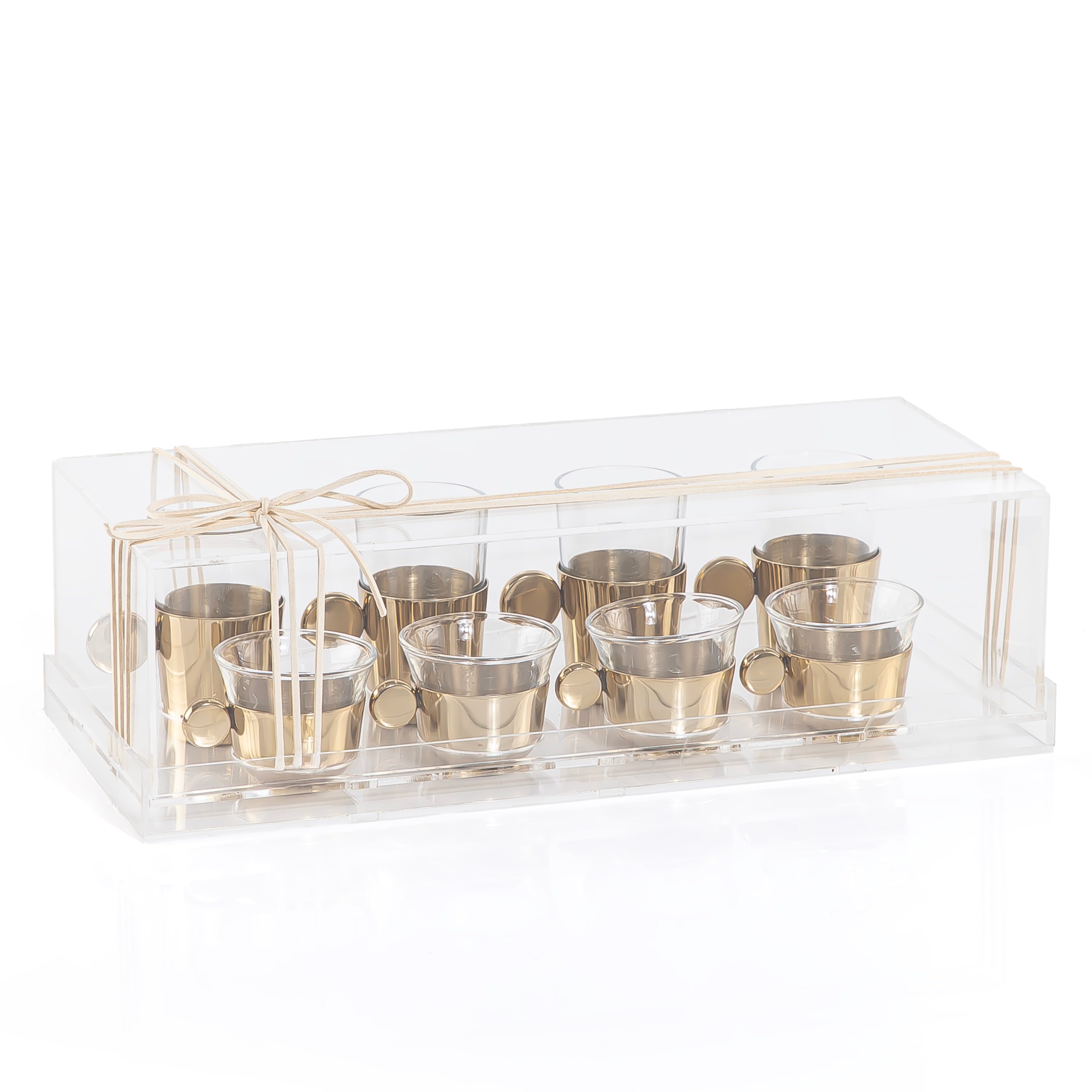 طقم مكون من 4 قطع من ستيكانا الشاي و4 فناجين قهوة عربية بمقابض أنيقة - ذهبي