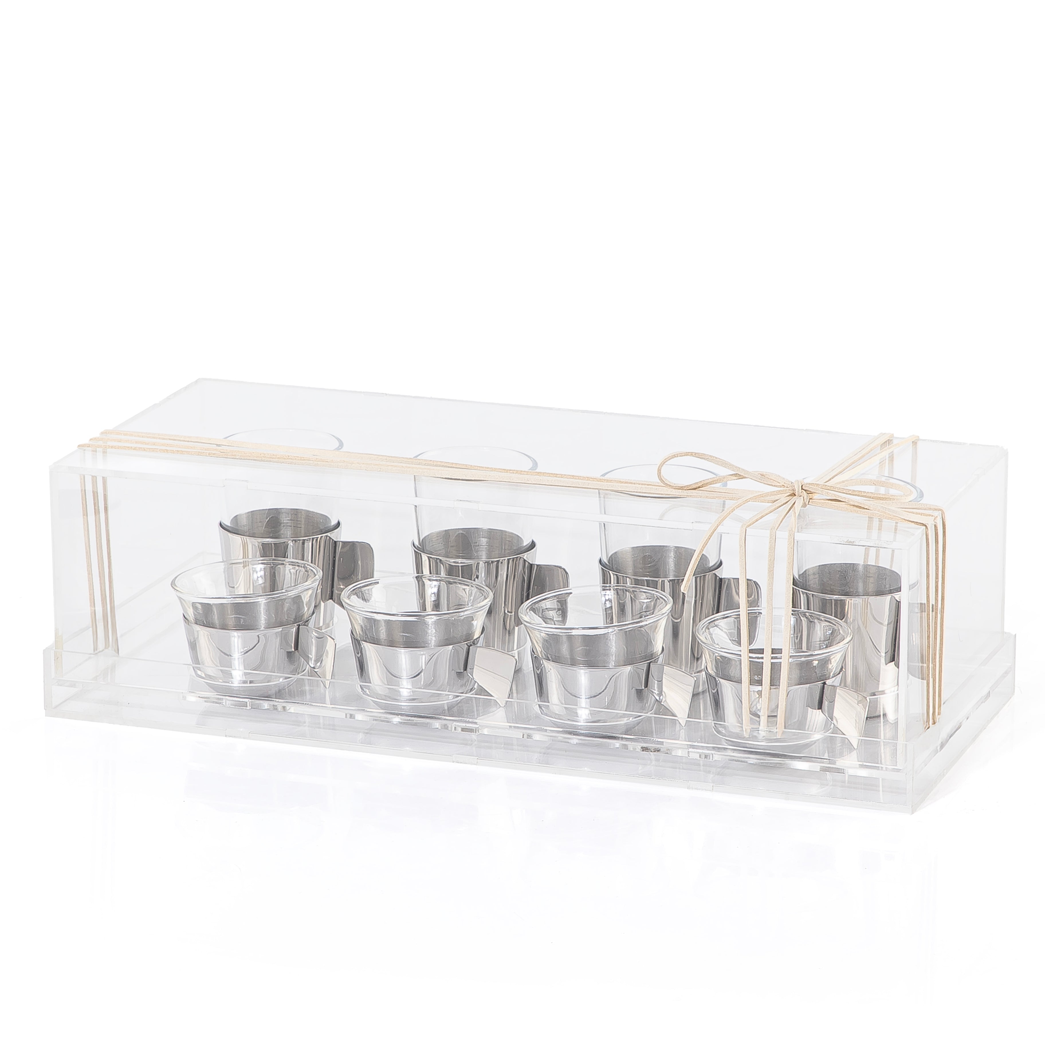 8 Silver Metal Tea & Coffee Glass Cups and Holders with Transparent Acrylic Box