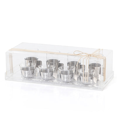 8 Silver Metal Tea & Coffee Glass Cups and Holders with Transparent Acrylic Box