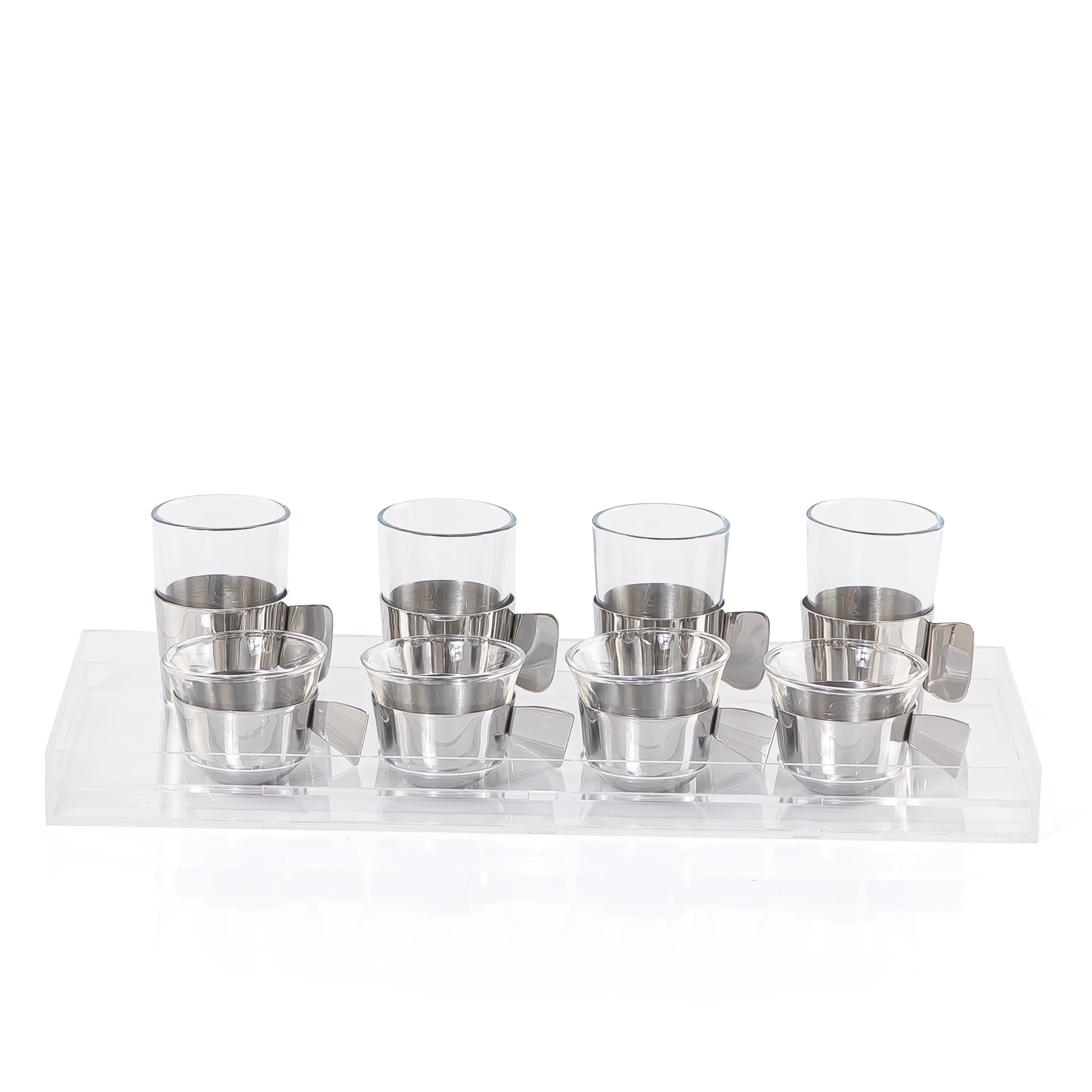 8 Silver Metal Tea & Coffee Glass Cups and Holders with Transparent Acrylic Box