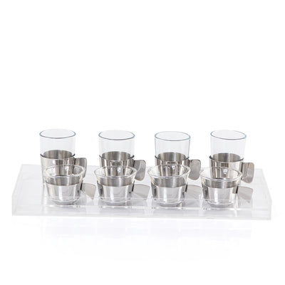 8 Silver Metal Tea & Coffee Glass Cups and Holders with Transparent Acrylic Box