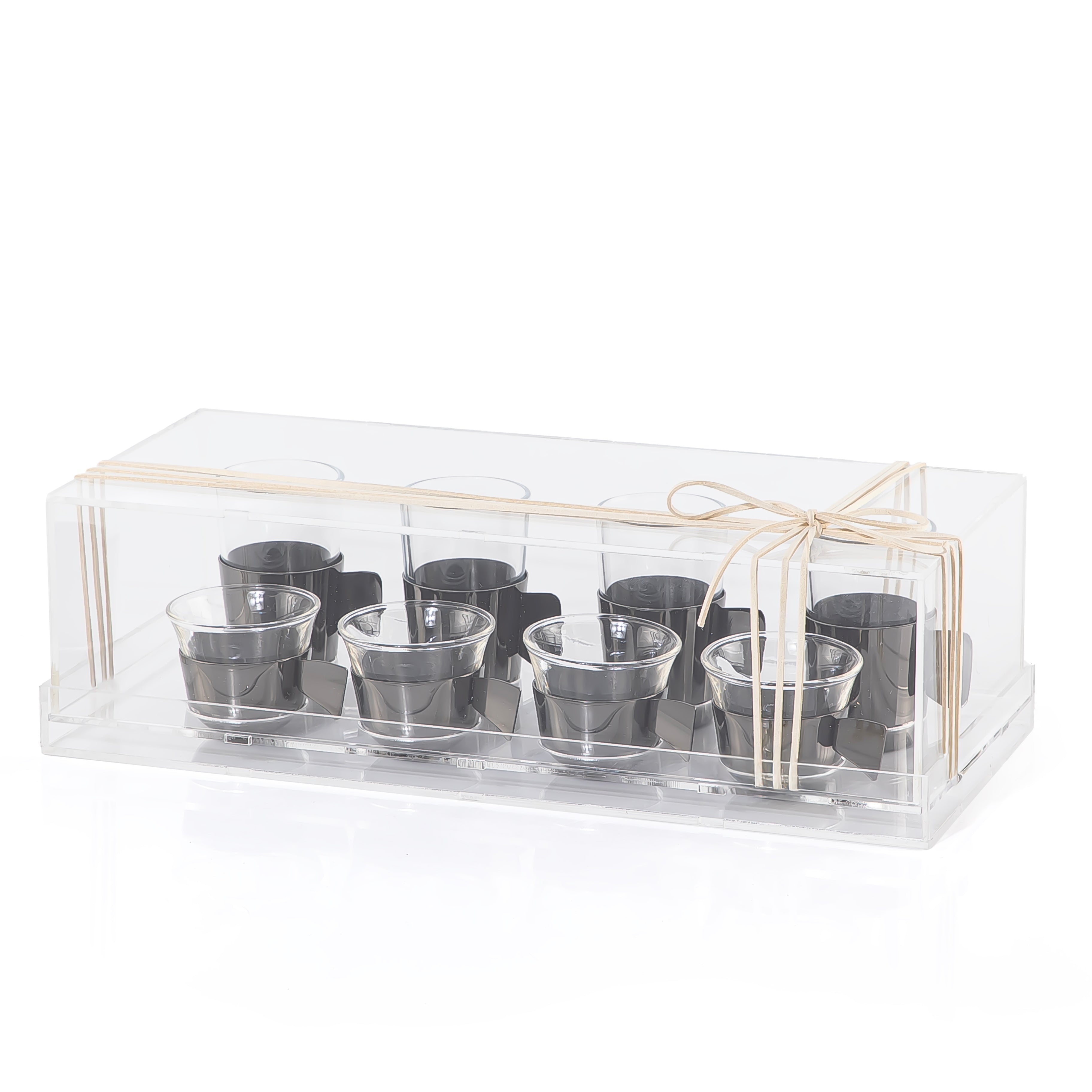 8 Black Metal Tea & Coffee Glass Cups and Holders with Transparent Acrylic Box