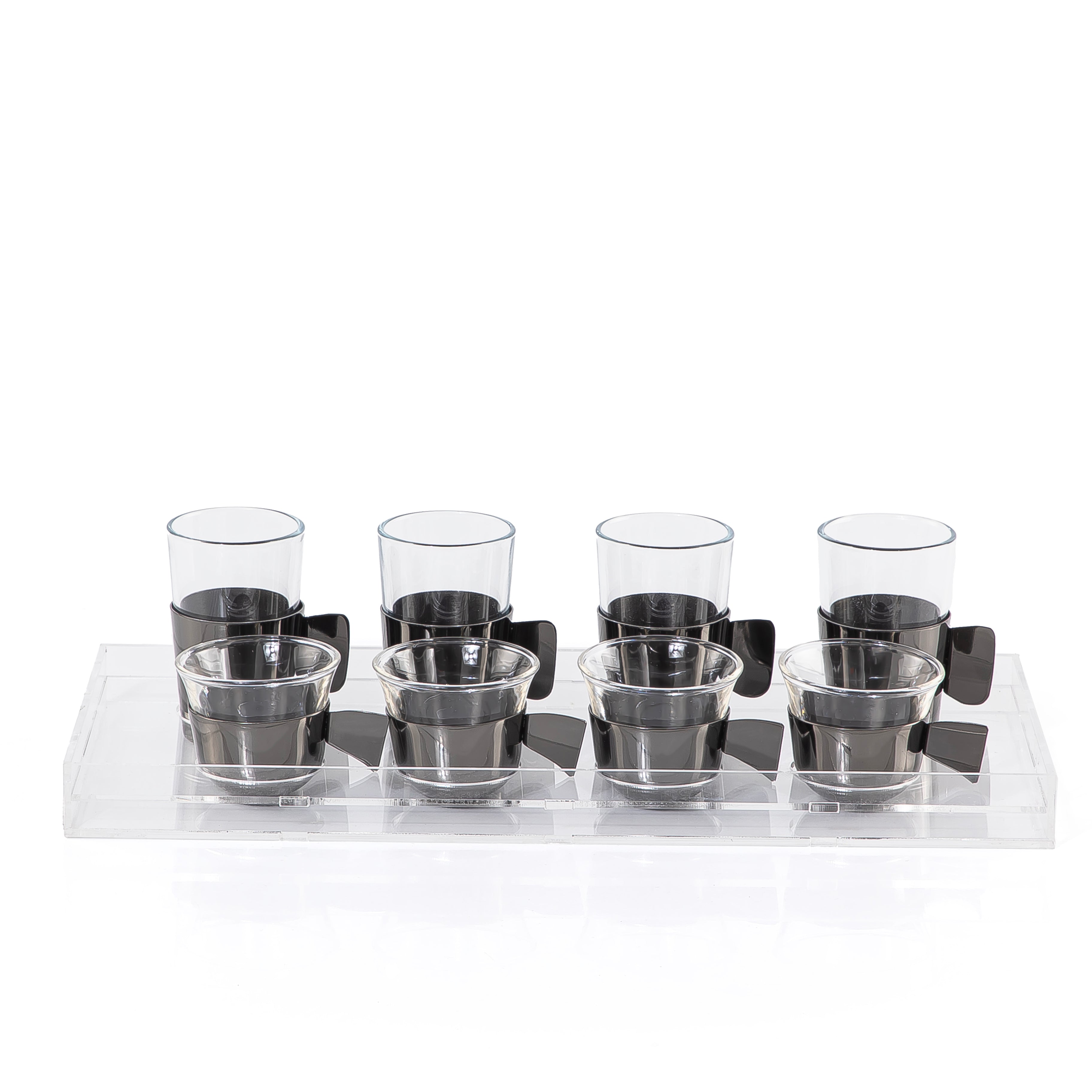 8 Black Metal Tea & Coffee Glass Cups and Holders with Transparent Acrylic Box