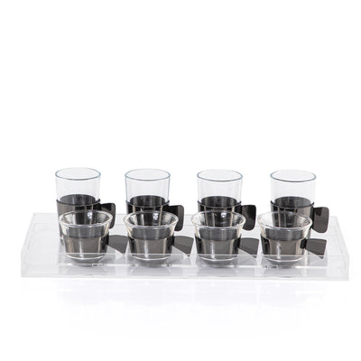 8 Black Metal Tea & Coffee Glass Cups and Holders with Transparent Acrylic Box