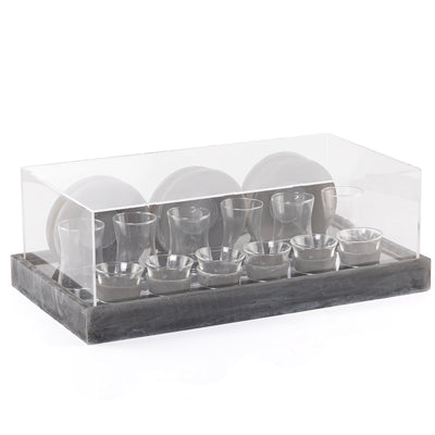 طقم مكون من 12 إستيكانات وفناجين قهوة مع الأطباق وبوكس هدايا - رمادي