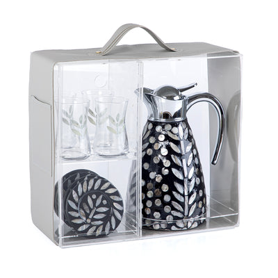 طقم مطارة صدف مع 4 أكواب شاي زجاجية و4 صحون في علبة أكريليك - أسود